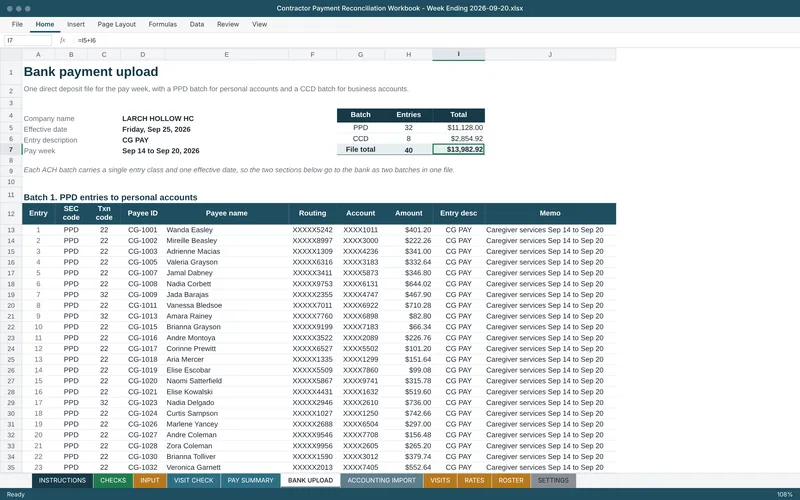 Contractor Payment Reconciliation Workbook: Bank upload