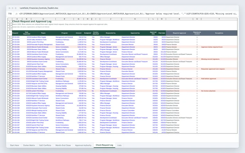 Financial Controls Toolkit: Controls Excel check request log
