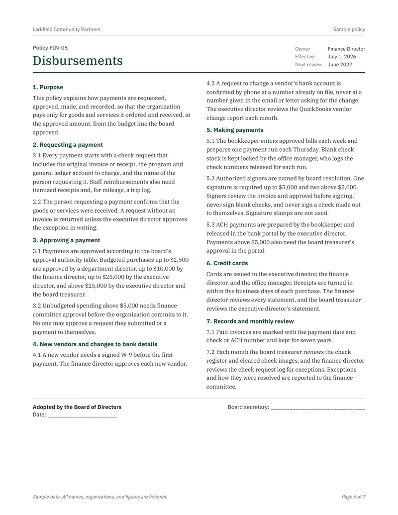 Financial Controls Toolkit: Controls PDF page 6 disbursements policy
