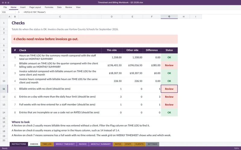 Timesheet and Billing Workbook: Checks