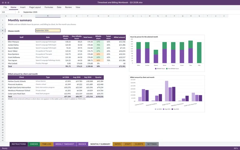 Timesheet and Billing Workbook: Monthly summary