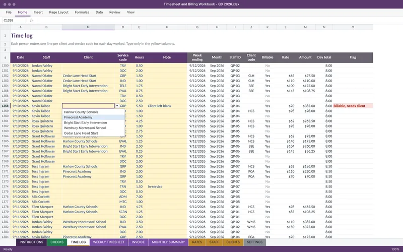 Timesheet and Billing Workbook: Time log