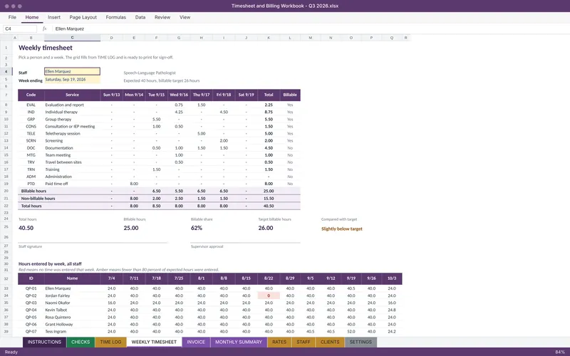Timesheet and Billing Workbook: Weekly timesheet